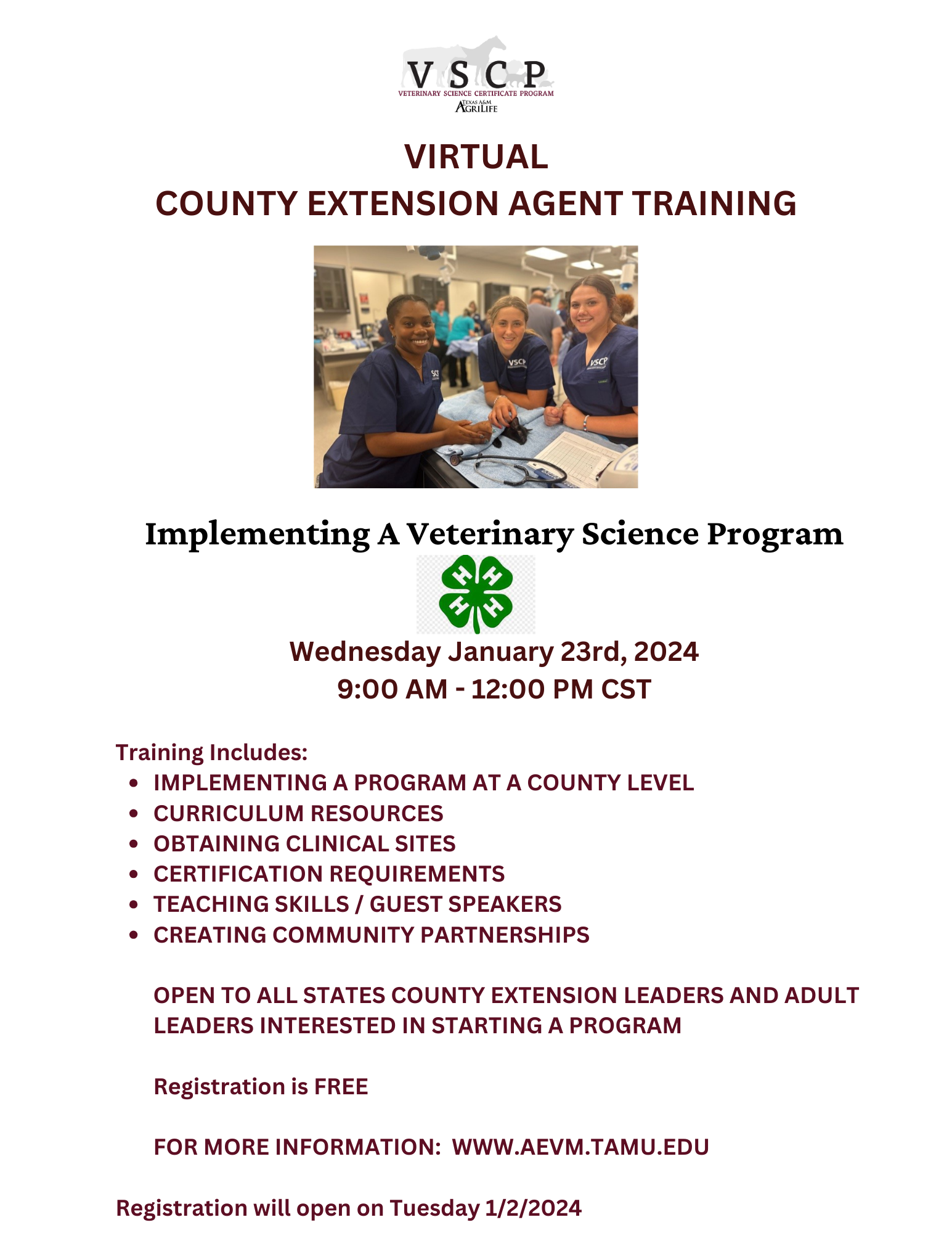 Wednesday January 23rd, 2024 900 AM – 1200 PM CST Training Includes IMPLEMENTING A PROGRAM AT A COUNTY LEVEL CURRICULUM RESOURCES OBTAINING CLINICAL SITES CERTIFICATION REQUIREMENTS TEACHING SKILL